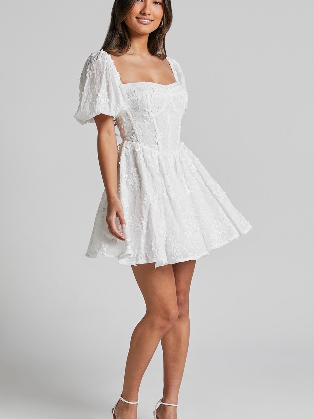 Showpo White Puff Sleeve Lace Mini Dress
